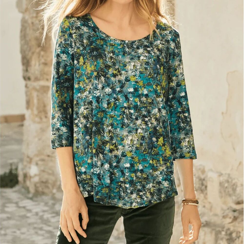 Peruvian Connection Tundra Flower Tee Watercolor Floral Top Pima Cotton XS